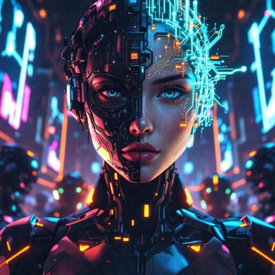 The primary subject of the image is a woman with a futuristic, cyberpunk appearance. She has a mix of human and robotic features, including a robotic head and a human face. The setting is a futuristic cityscape, with a backdrop of neon lights and a blue-toned environment. The visual style is a combination of digital art and illustration, creating a striking and unique image. The colors and mood of the image are predominantly blue and purple, giving it a dark